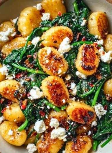 Creamy gnocchi with spinach and feta served in a bowl
