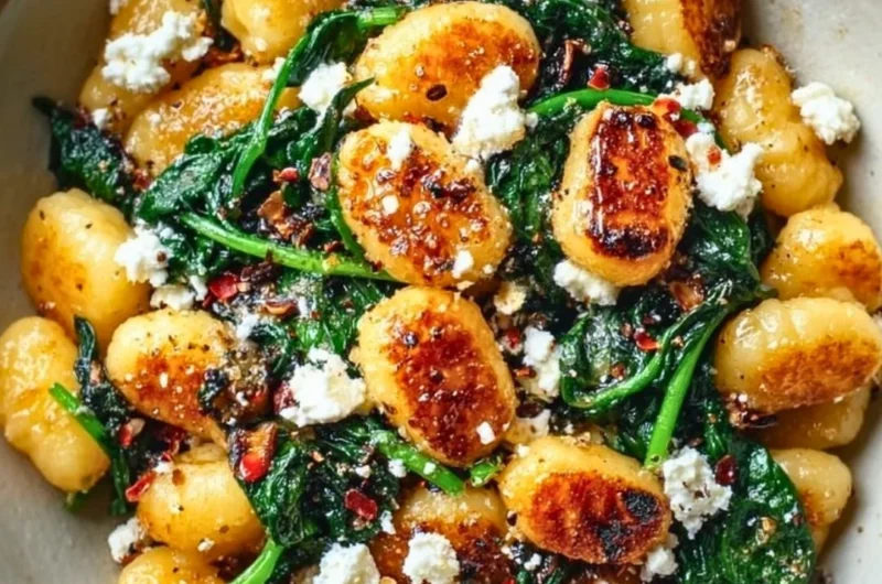 Creamy gnocchi with spinach and feta served in a bowl