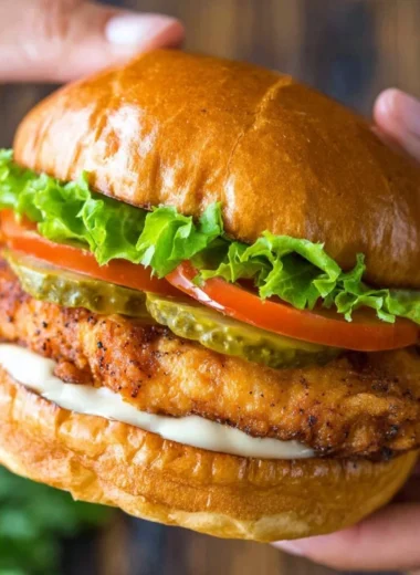 Delicious crispy chicken sandwich with fresh toppings and golden-brown crust