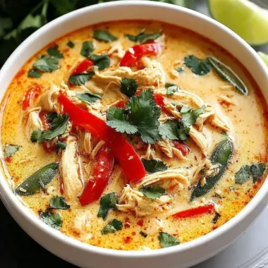 Bowl of delicious Crockpot Thai Coconut Chicken Soup garnished with cilantro