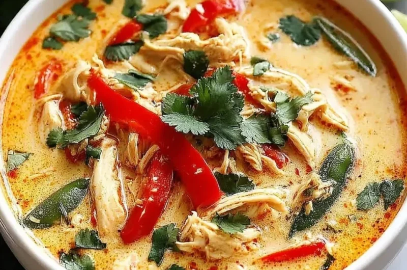 Bowl of delicious Crockpot Thai Coconut Chicken Soup garnished with cilantro
