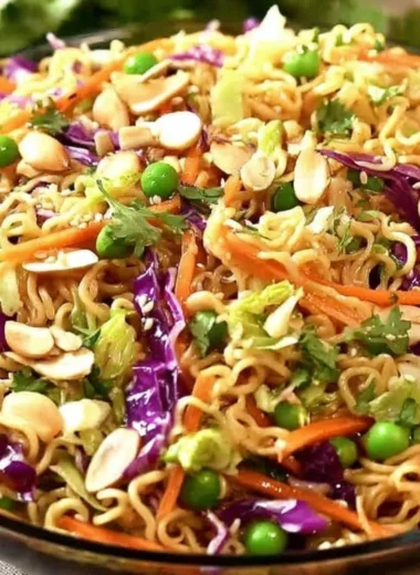 Delicious Crunchy Asian Ramen Noodle Salad in a bowl with fresh vegetables
