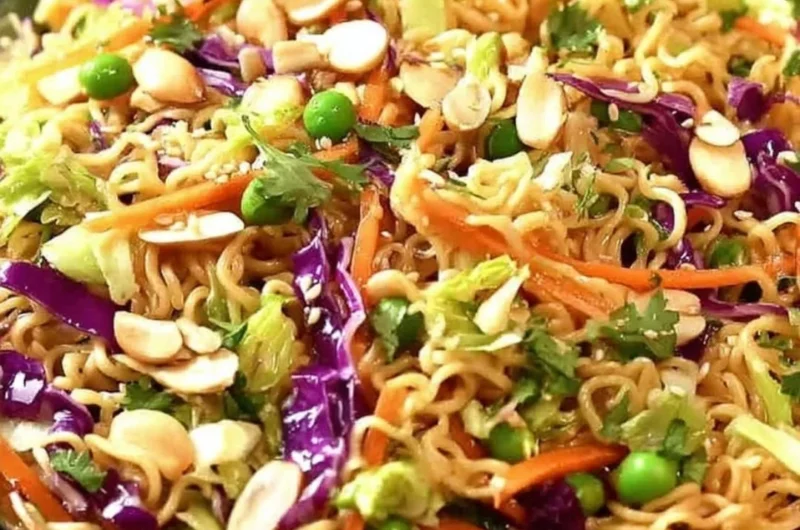 Delicious Crunchy Asian Ramen Noodle Salad in a bowl with fresh vegetables