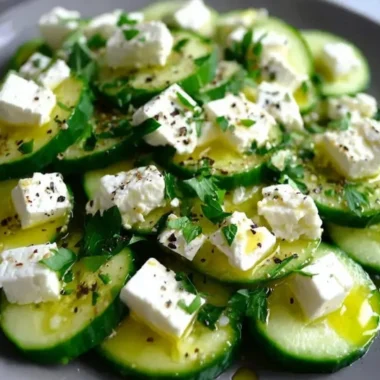Delicious cucumber feta salad topped with fresh herbs and drizzled with olive oil.
