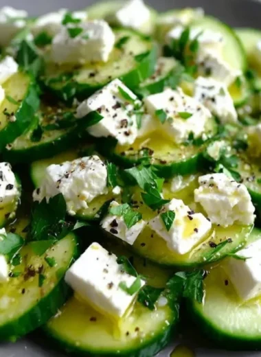 Delicious cucumber feta salad topped with fresh herbs and drizzled with olive oil.