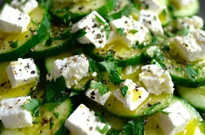 Delicious cucumber feta salad topped with fresh herbs and drizzled with olive oil.