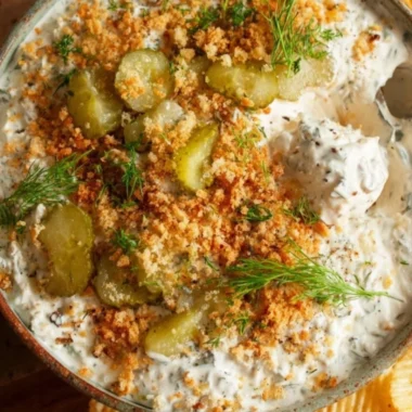 Creamy fried pickle dip served in a bowl with chips for dipping