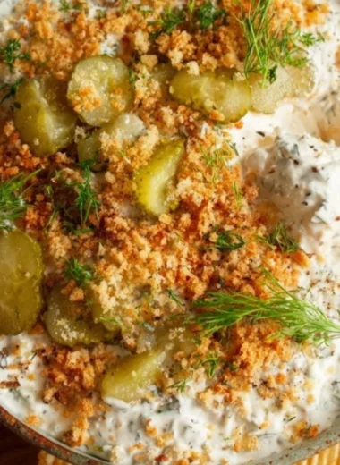 Creamy fried pickle dip served in a bowl with chips for dipping