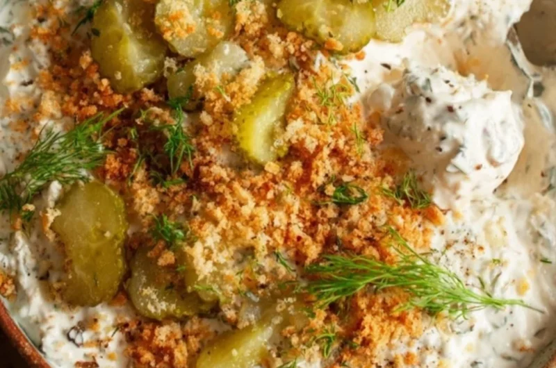 Creamy fried pickle dip served in a bowl with chips for dipping