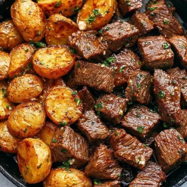 Delicious garlic butter steak bites served with potatoes on a plate.