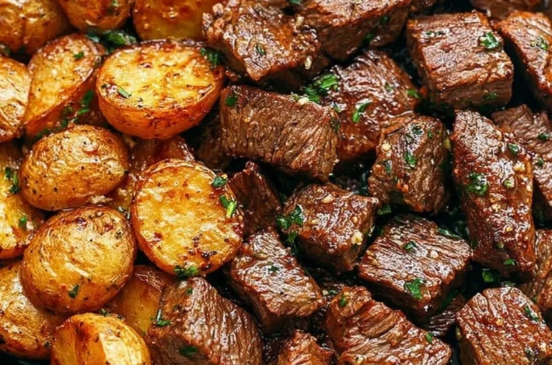 Delicious garlic butter steak bites served with potatoes on a plate.
