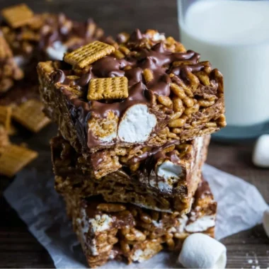 Golden Grahams S'mores Bars stacked in a delicious treat