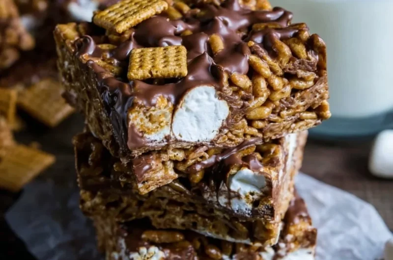 Golden Grahams S'mores Bars stacked in a delicious treat
