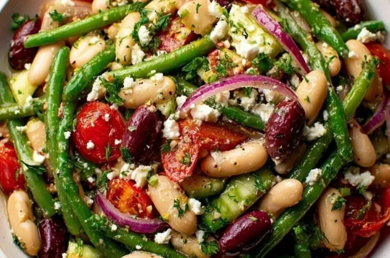 Delicious Greek Bean Salad with lemon marinated beans and fresh vegetables