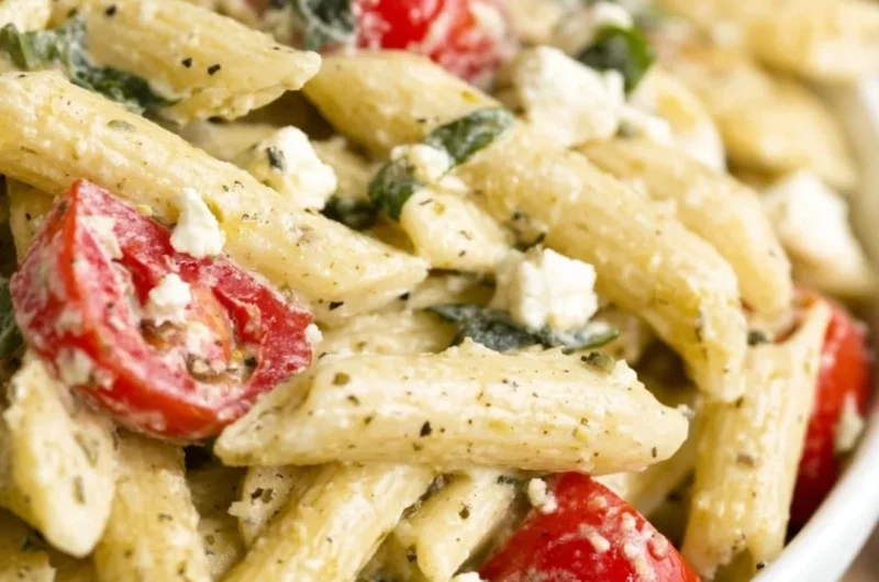 Colorful Greek Pasta Salad with vegetables and feta cheese in a bowl