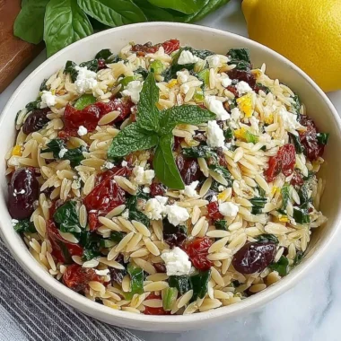 Homemade orzo pasta salad with feta and sun-dried tomatoes in a bowl