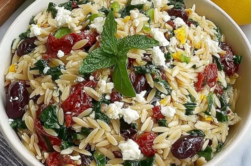 Homemade orzo pasta salad with feta and sun-dried tomatoes in a bowl