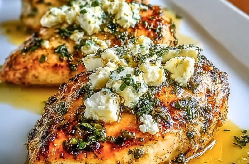 Juicy Greek chicken marinated with lemon and topped with feta cheese