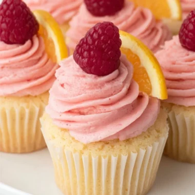 Lemon cupcakes with raspberry buttercream frosting on a decorative plate