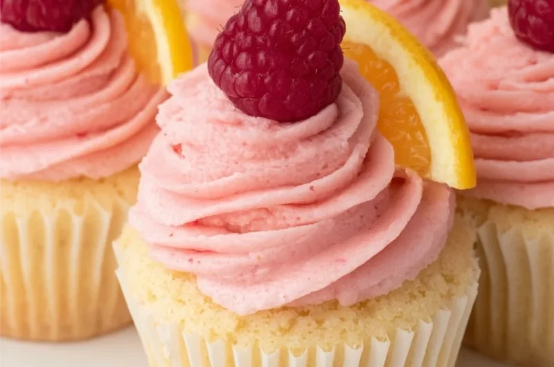 Lemon cupcakes with raspberry buttercream frosting on a decorative plate