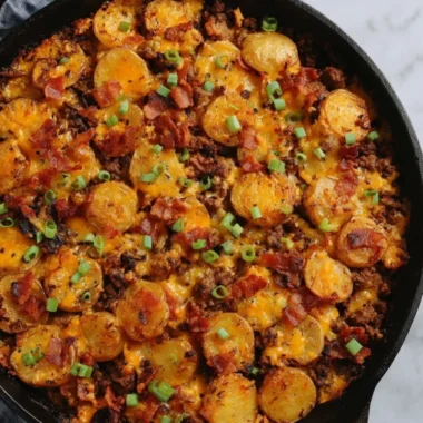 Loaded Ground Beef and Potatoes Skillet served in a pan