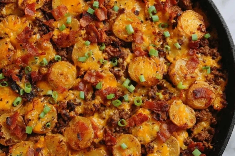 Loaded Ground Beef and Potatoes Skillet served in a pan