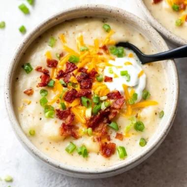 Bowl of creamy loaded potato soup topped with cheese and green onions
