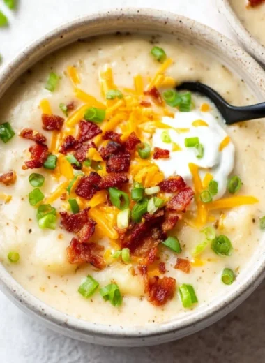 Bowl of creamy loaded potato soup topped with cheese and green onions