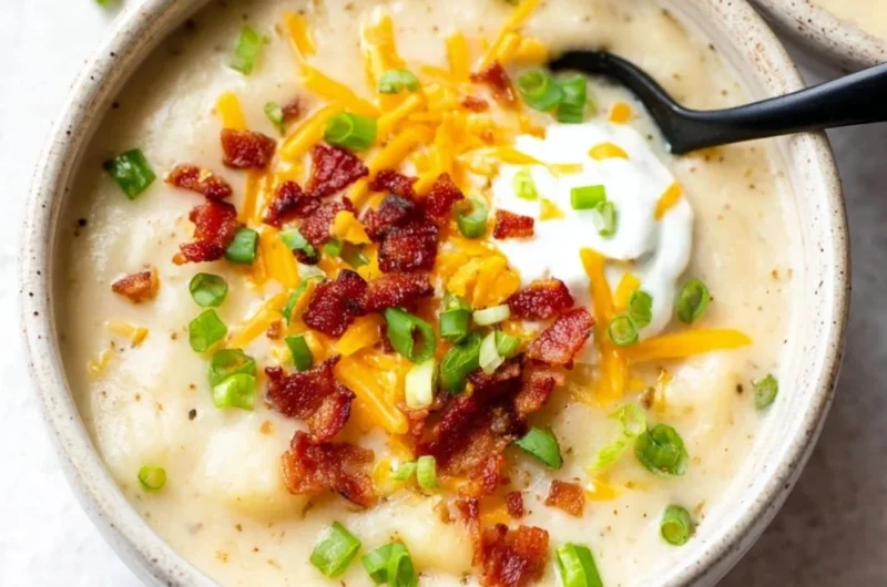 Bowl of creamy loaded potato soup topped with cheese and green onions