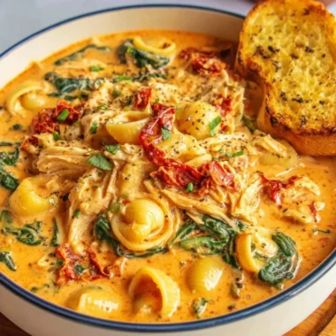Bowl of Marry Me Tuscan Chicken Soup topped with fresh herbs and crusty bread