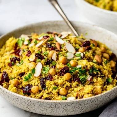 Moroccan-inspired chickpea quinoa salad with vibrant vegetables and spices.