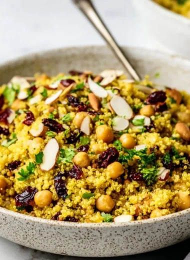 Moroccan-inspired chickpea quinoa salad with vibrant vegetables and spices.