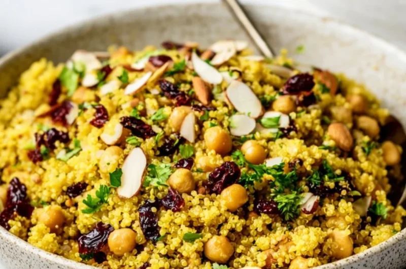 Moroccan-inspired chickpea quinoa salad with vibrant vegetables and spices.