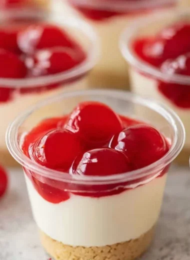 Delicious no-bake cheesecake cups topped with fresh berries and whipped cream.