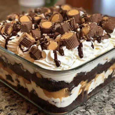 No-bake peanut butter chocolate dessert in a serving dish topped with chocolate drizzle