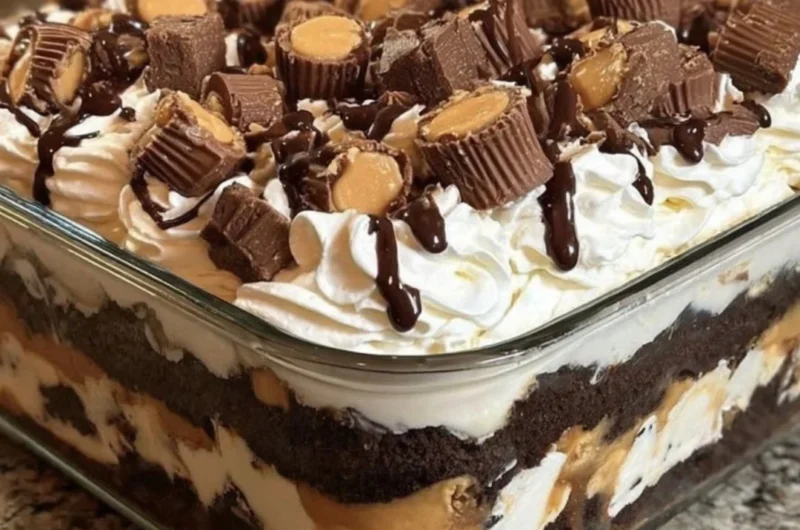 No-bake peanut butter chocolate dessert in a serving dish topped with chocolate drizzle