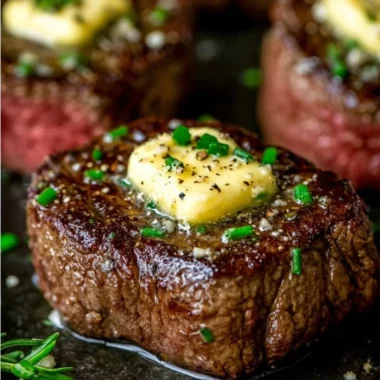 Delicious pan seared steak with garlic butter served on a plate
