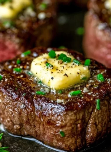 Delicious pan seared steak with garlic butter served on a plate