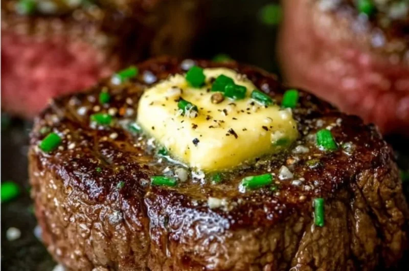 Delicious pan seared steak with garlic butter served on a plate