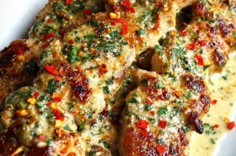 Grilled Ranch Garlic Parmesan Chicken Skewers on a wooden platter.