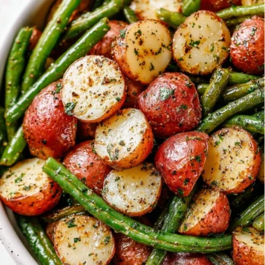 A delicious plate of roasted potatoes and green beans served as a side dish.