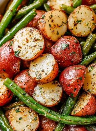 A delicious plate of roasted potatoes and green beans served as a side dish.