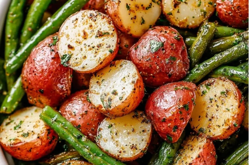 A delicious plate of roasted potatoes and green beans served as a side dish.