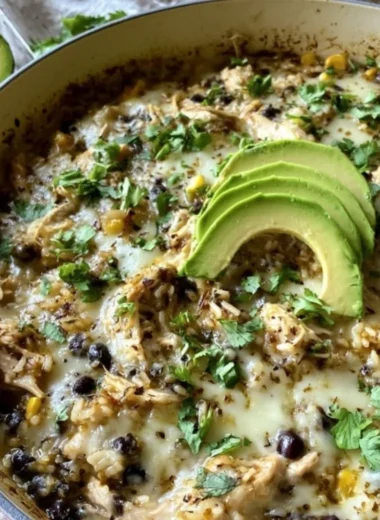 Salsa Verde Chicken and Rice Skillet dish served in a skillet