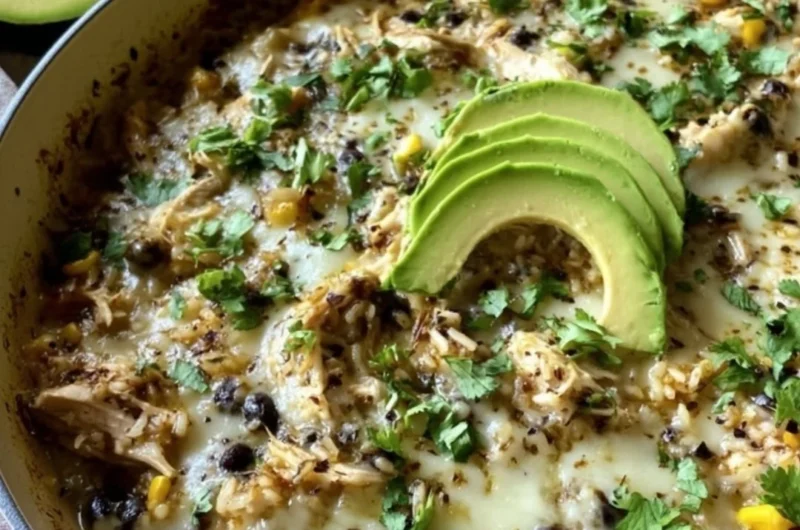 Salsa Verde Chicken and Rice Skillet dish served in a skillet