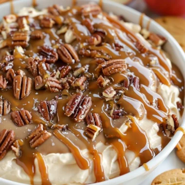 Delicious salted caramel pecan cheesecake dip in a serving bowl.