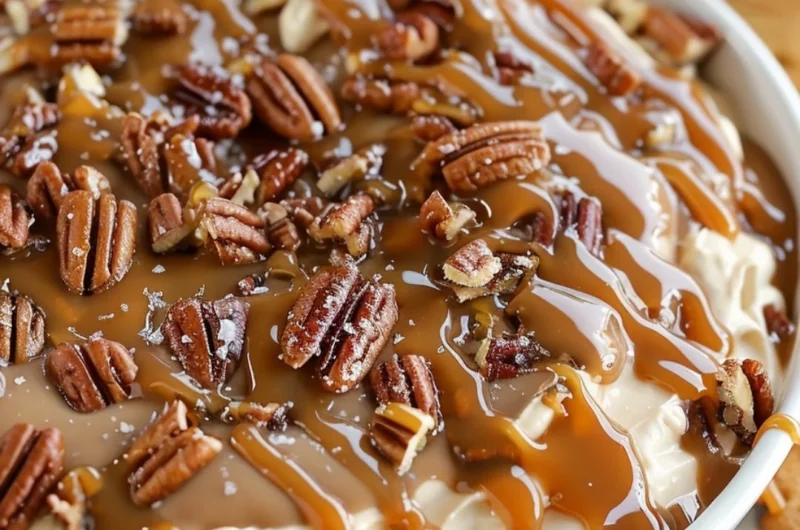 Delicious salted caramel pecan cheesecake dip in a serving bowl.