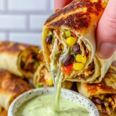 Plate of crispy Southwest Egg Rolls with dipping sauce.