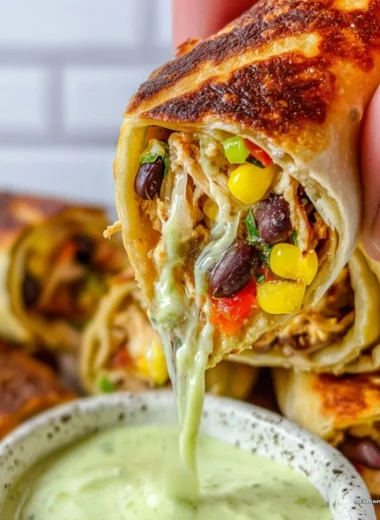 Plate of crispy Southwest Egg Rolls with dipping sauce.