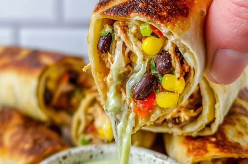 Plate of crispy Southwest Egg Rolls with dipping sauce.